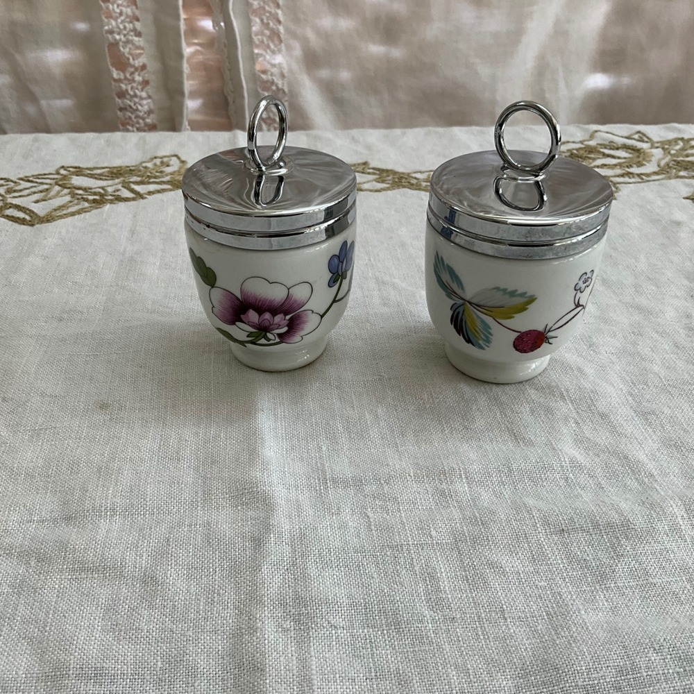 Vintage Royal Worcester Porcelain Egg Coddlers 2 Floral Butterfly Cottagecore
